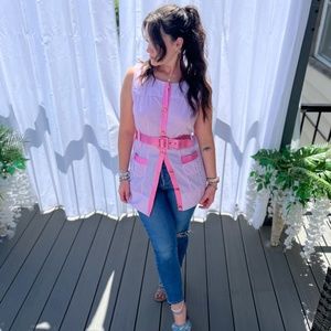 NWT Women's Jackie O Pink Belt Sleeveless Pinstripe Mini Dress